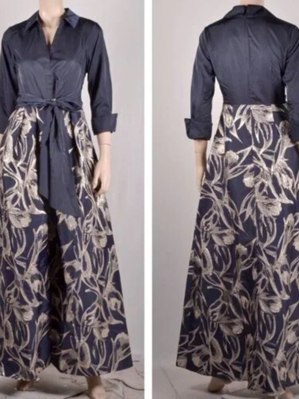 NWT Adrianna Papell Navy/Gold Collared Shirt Gown Jacquard Floral Skirt Size 10